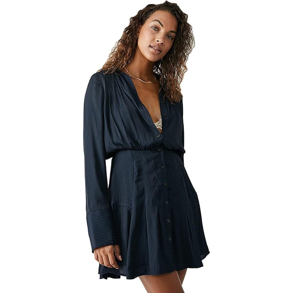 Free People Everly Shirtdress – Pinstripe Silk-Blend, Flounced Hem, Size S
